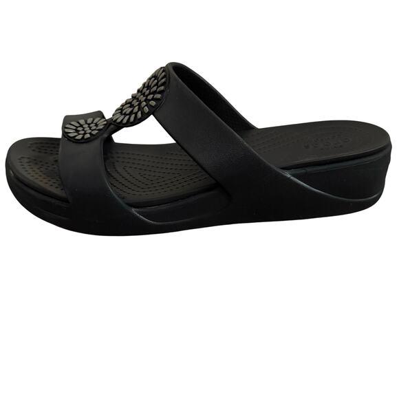 Crocs Monterey Diamante Wedge Sandal Size 8 Black Shimmer Radial Cutout - Picture 4 of 8